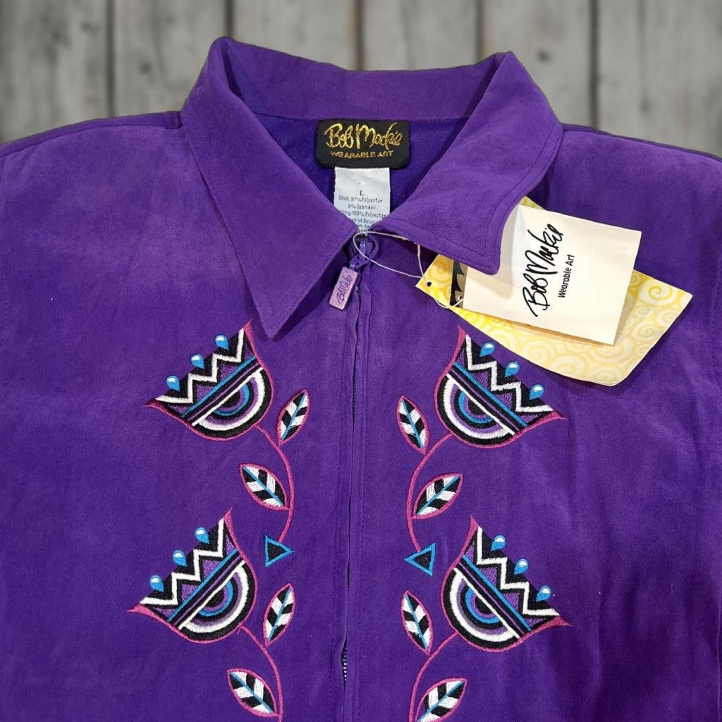 Bob Mackie VINTAGE Bob Mackie Jacket Top Women L Wearable Art Faux Suede Floral Embroidery Jacket Size L / US 10 / IT 46 - 1 Thumbnail