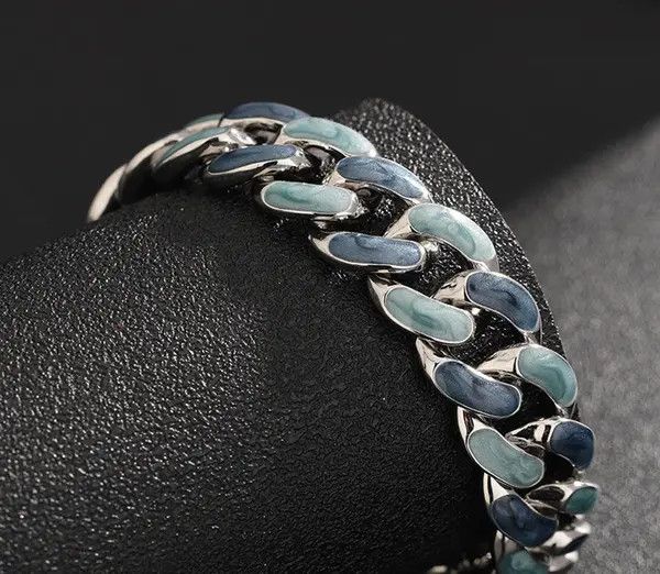 Jewelry Silver Blue Chain Link Bracelet, Chunky Metal Bracelet Size ONE SIZE - 2 Thumbnail