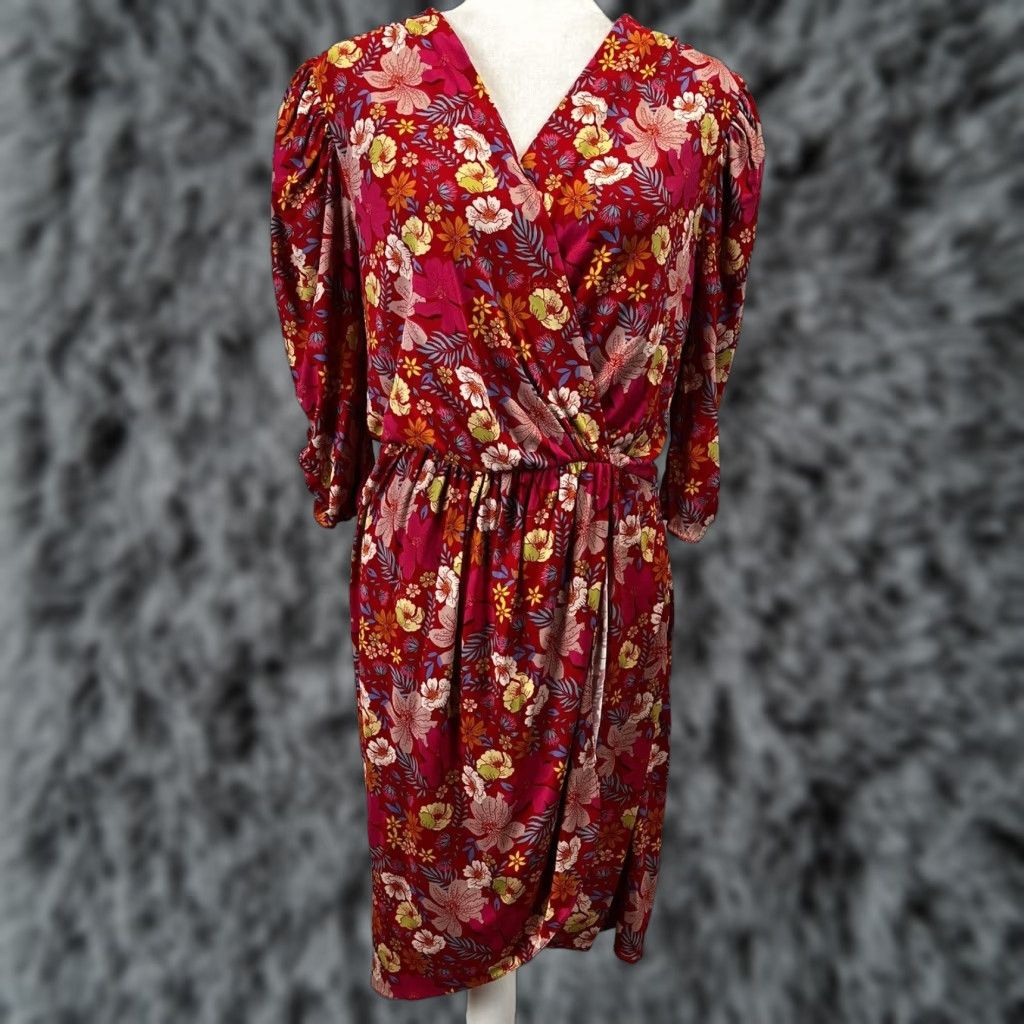 Lanvin LANVIN PARIS Dress Floral Silk Blend Ruched Sleeves Knee Length V-Neck Zip EU 42 / US 10 Multicolor Womens Size 28" / US 6 / IT 42 - 1 Thumbnail
