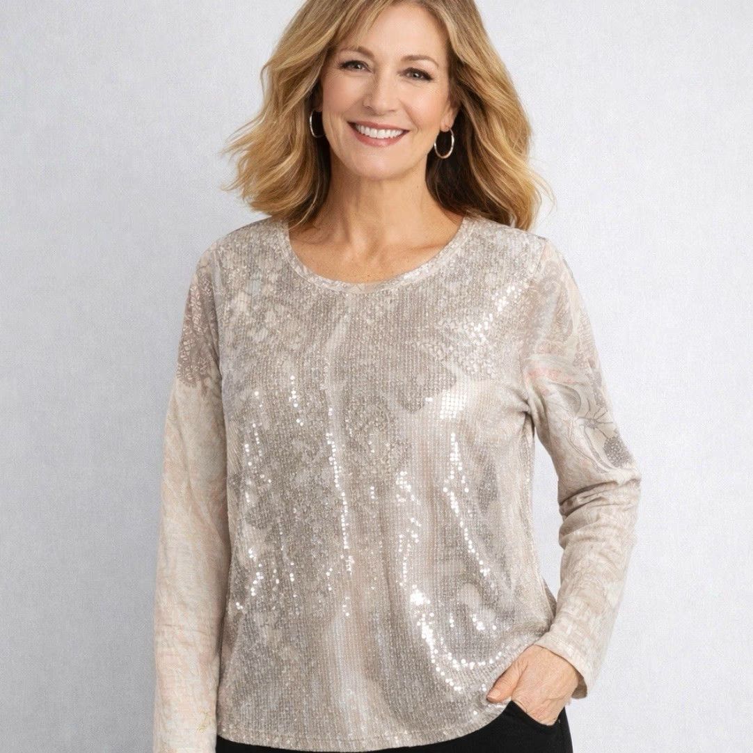 Vintage Chico’s Tunic Top XL Black/Gray Sequin Paisley Holiday Party Dressy Knit Long Sleeve Scoop Neck Pullover Pattern: Houndstooth Size XL / US 12-14 / IT 48-50 - 2 Thumbnail