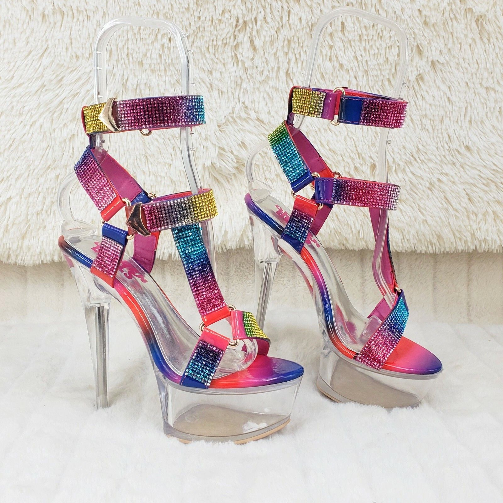 Xapala Rainbow Rhinestone Harness Strap Clear Platform High