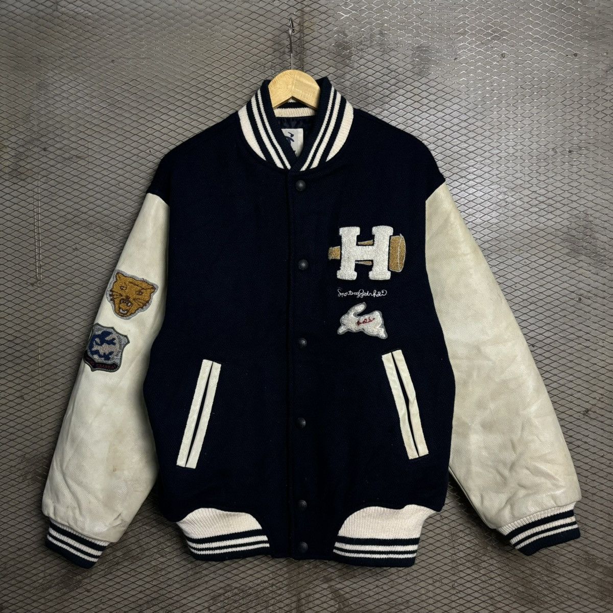 image of Vintage Hai Sporting Gear Wool Leather Varsity Jacket in Navy, Men's (Size Medium)