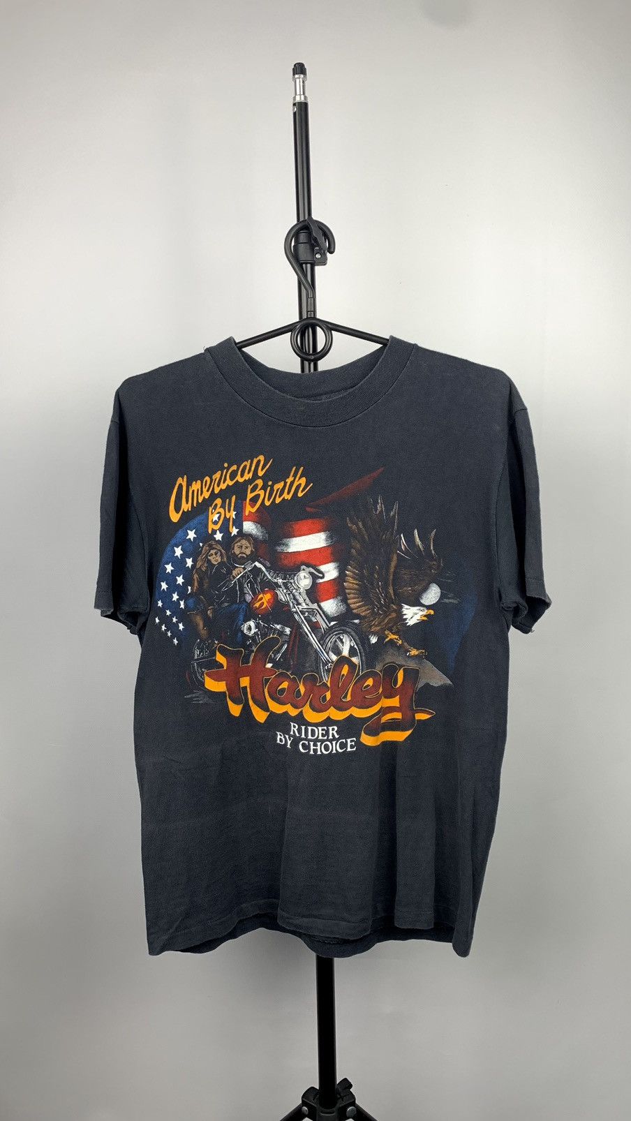 image of Band Tees x Harley Davidson 1987 3D Emblem American By Birth Rebel Rider By Choice Shirt in Faded B