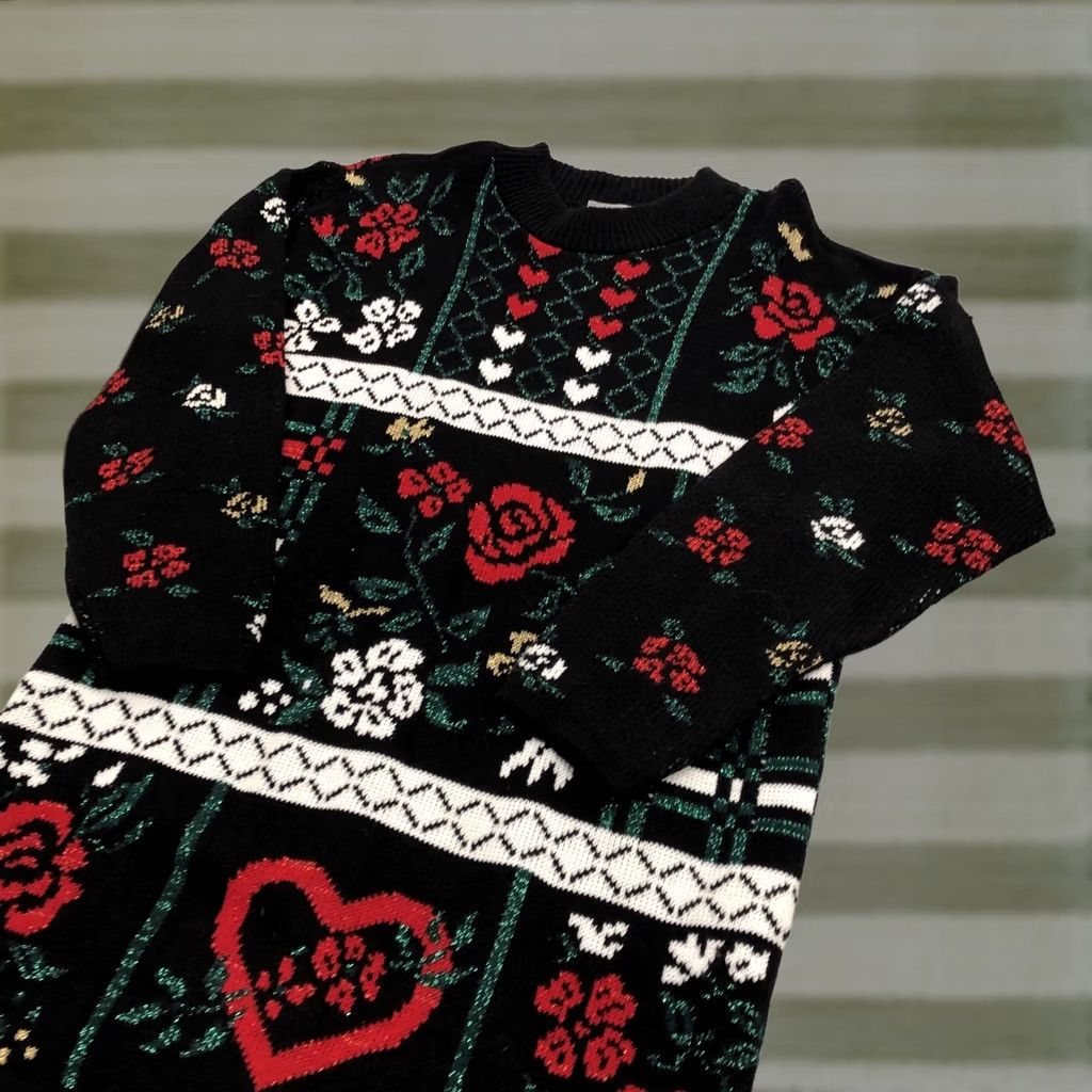 Valentino VINTAGE Mathias Sweater Women's M Black 80s 90s Floral Hearts Glitter Pullover Knit Crew Neck Long Sleeve Holiday Christmas Valentine Mens? Womens Size M / US 6-8 / IT 42-44 - 1 Thumbnail