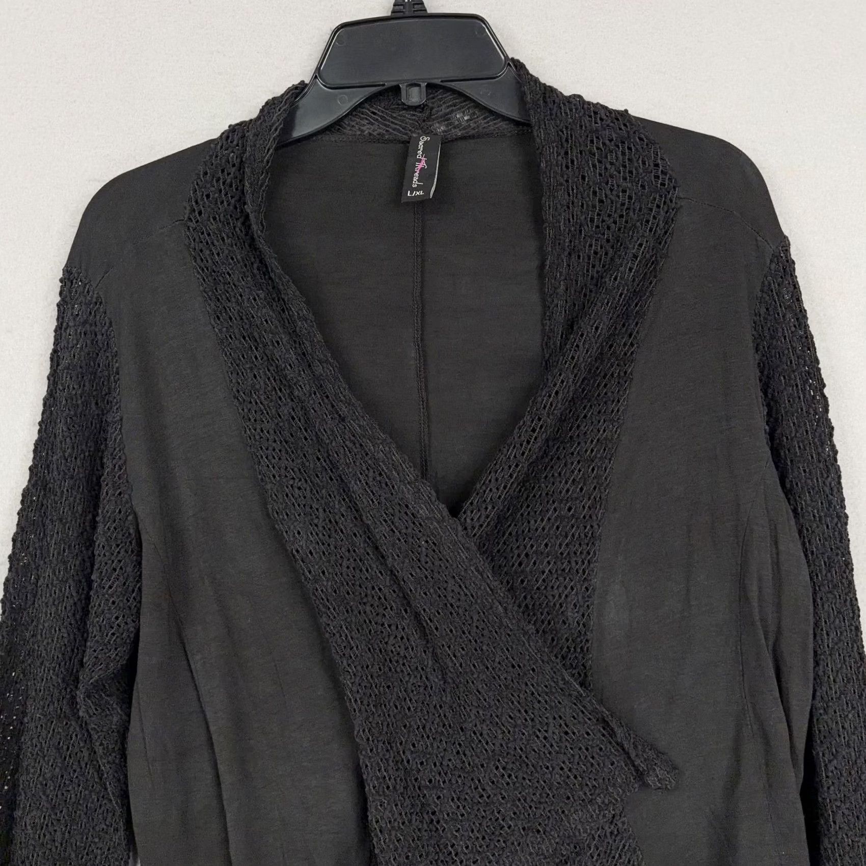 Vintage Sacred Threads Sweater Womens L XL Black Open Front Crochet Cardigan Boho Goth Size L / US 10 / IT 46 - 2 Thumbnail