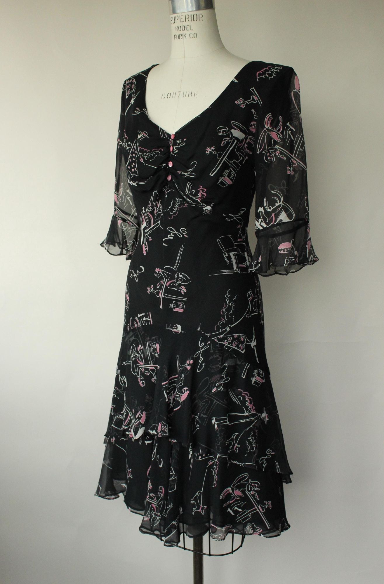 Vintage Vintage 1990s Dress, Ice Black Silk Cafe Print Frock, Does 1 Size M / US 6-8 / IT 42-44 - 7 Thumbnail