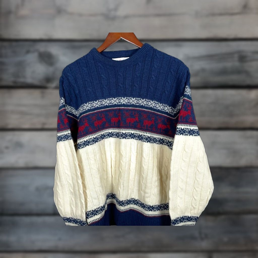 Jantzen VINTAGE 60s Jantzen Reindeer Cable Knit Sweater Men's Medium Winter Ivory Blue Retro Ski Size US M / EU 48-50 / 2 - 1 Thumbnail