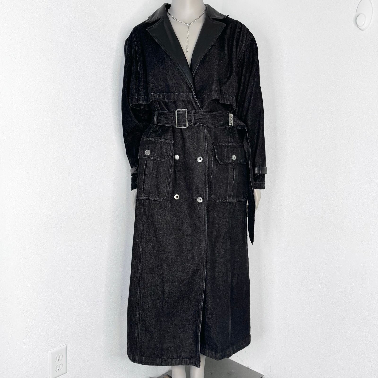 Vintage Vintage 90s Gray Denim Trench Coat Belted Together Goth Size XL / US 12-14 / IT 48-50 - 3 Thumbnail
