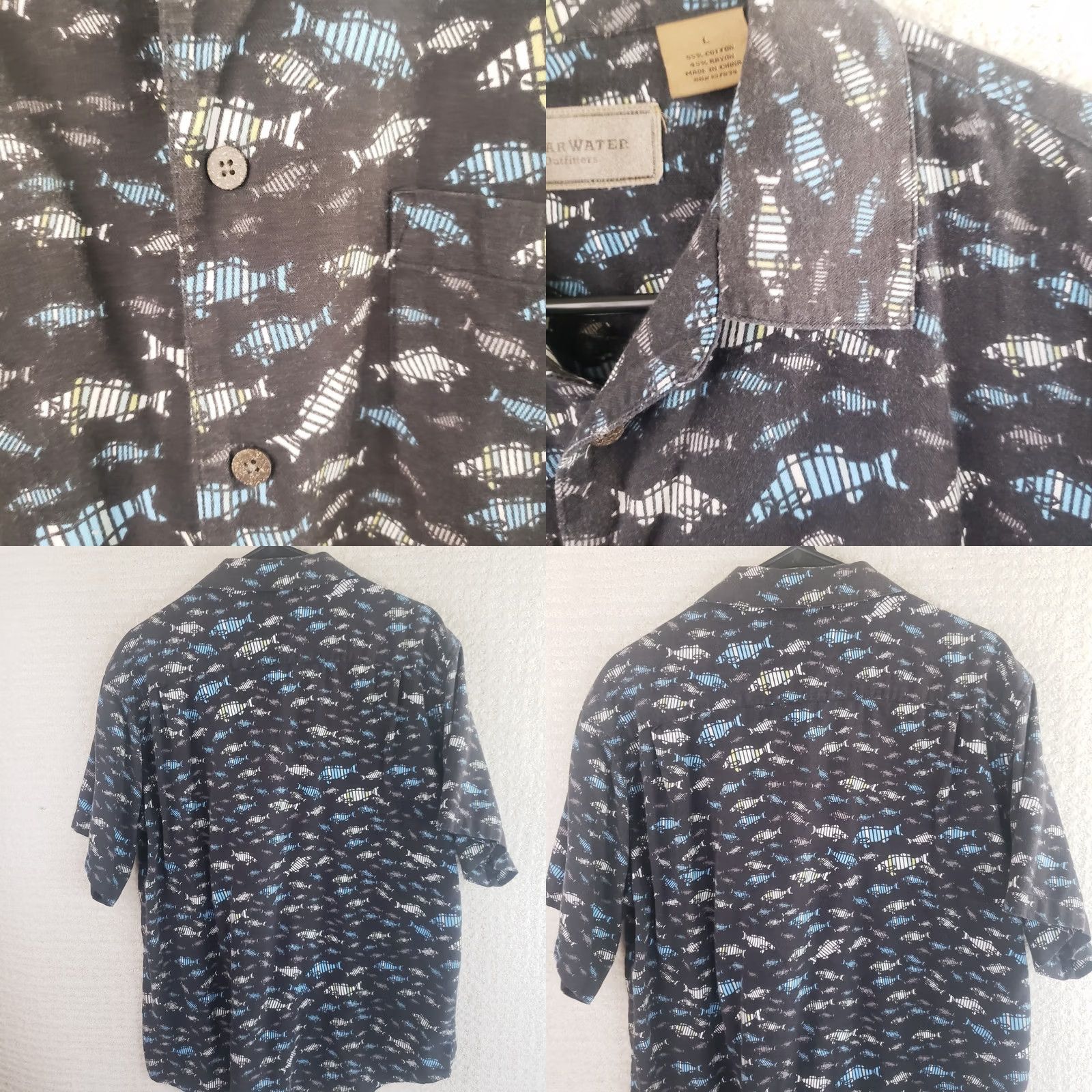 Vintage Clearwater Outfitters Men's L Black Blue Fish Pattern Short Sleeve Button Down Shirt Outdoor Hawaiian Casual Size US 33 - 8 Thumbnail