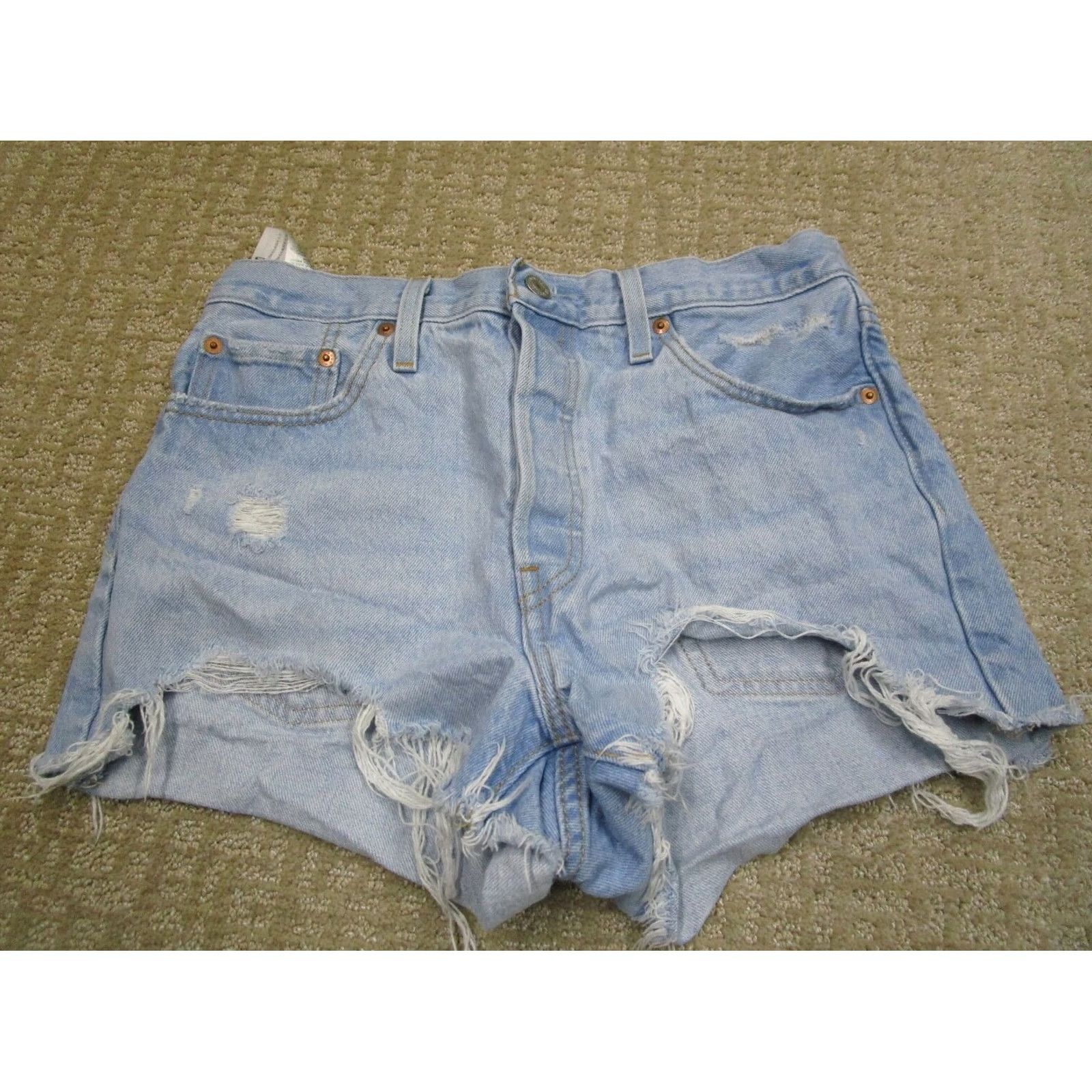 Levi's Levi's 501 Shorts Women 29 High Rise Distressed Ripped Hot Pants Denim Blue Leather Logo 5-Pocket Style: Short Size 29" - 2 Thumbnail