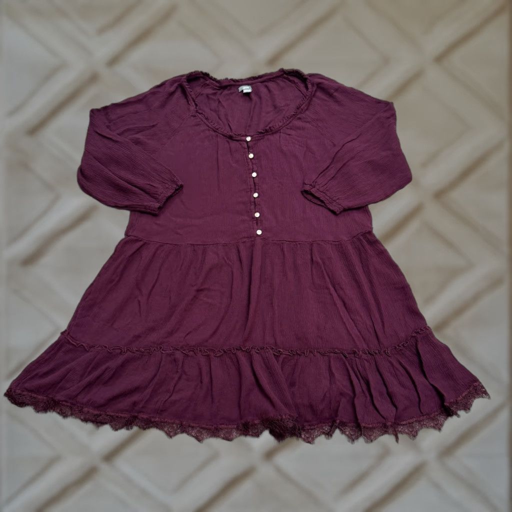 Vintage Aerie Dress Women Mini Tunic Boho Henley Long Sleeve Red Maroon Small Casual Size S / US 4 / IT 40 - 1 Thumbnail