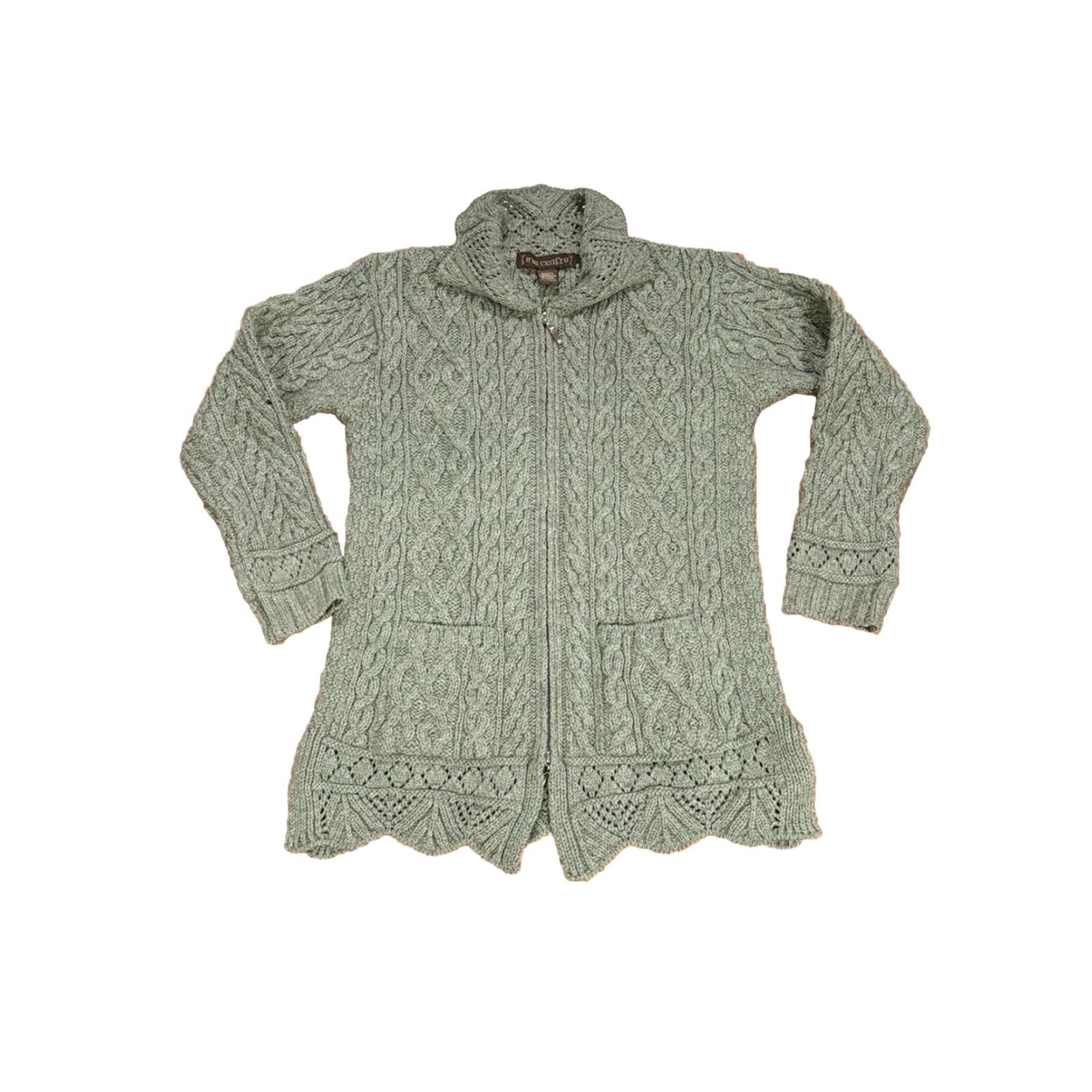 Vintage Inis Crafts Sweater Cable Knit 100% Wool Green Scallop Made In Ireland Medium Womens Mens? Size M / US 6-8 / IT 42-44 - 2 Thumbnail