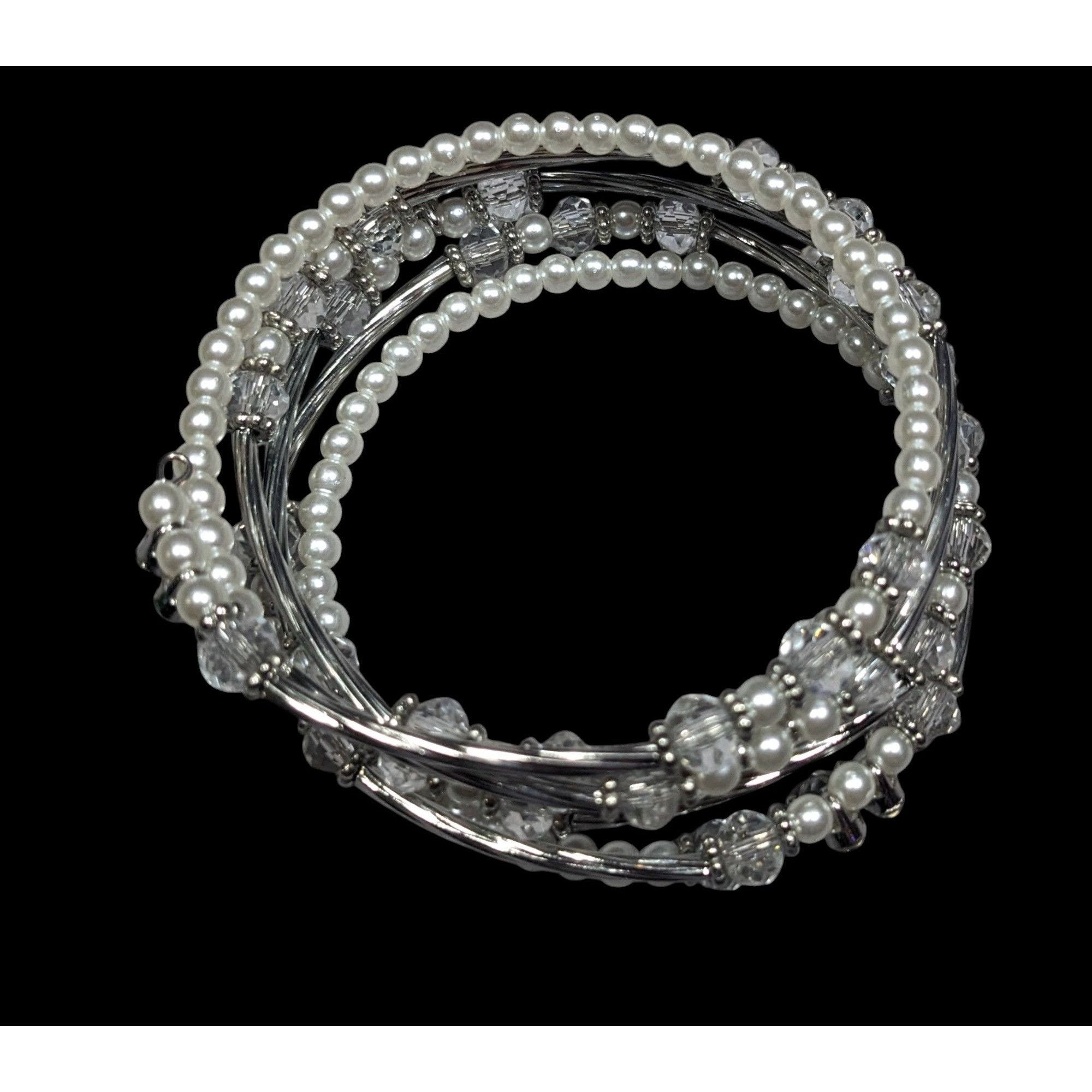 Other Elegant Glam White And Silver Tone Beaded Coil Bracelet Size ONE SIZE - 2 Thumbnail