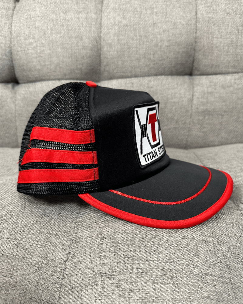 Vintage Vintage Titan Steel Patch Striped Black/Red Trucker Hat Size ONE SIZE - 3 Thumbnail