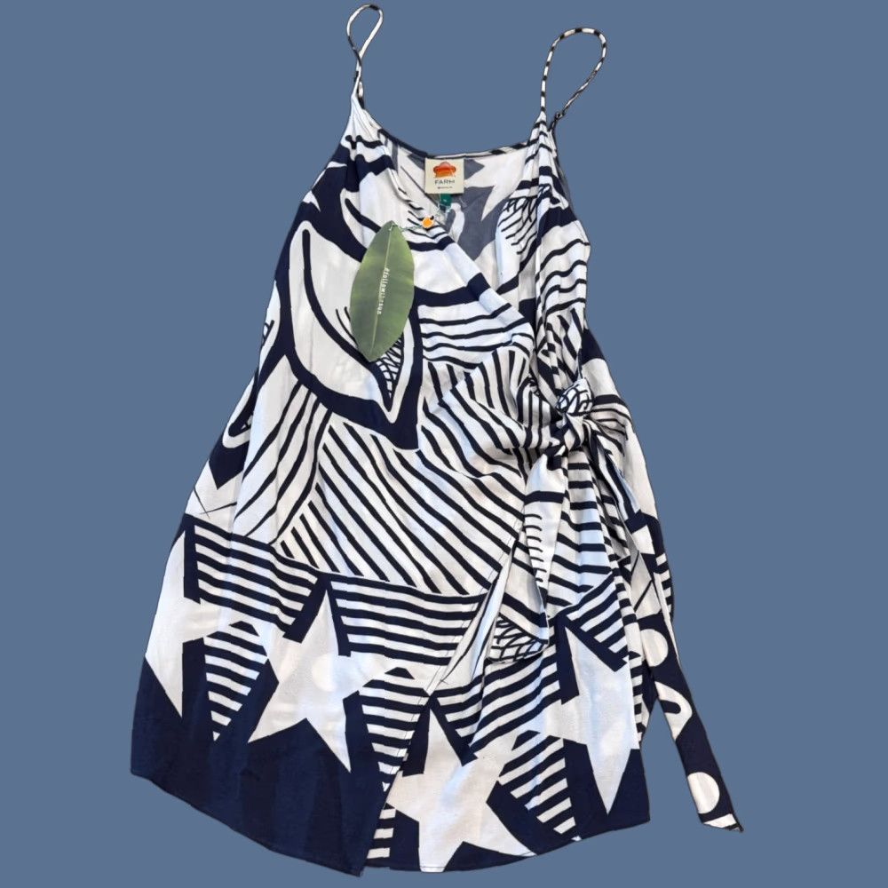 VINTAGE? No. NWT Farm Rio Midi Wrap Dress Womens Blue White Striped Stars  V-Neck Sleeveless M - www.wellskinkop.com