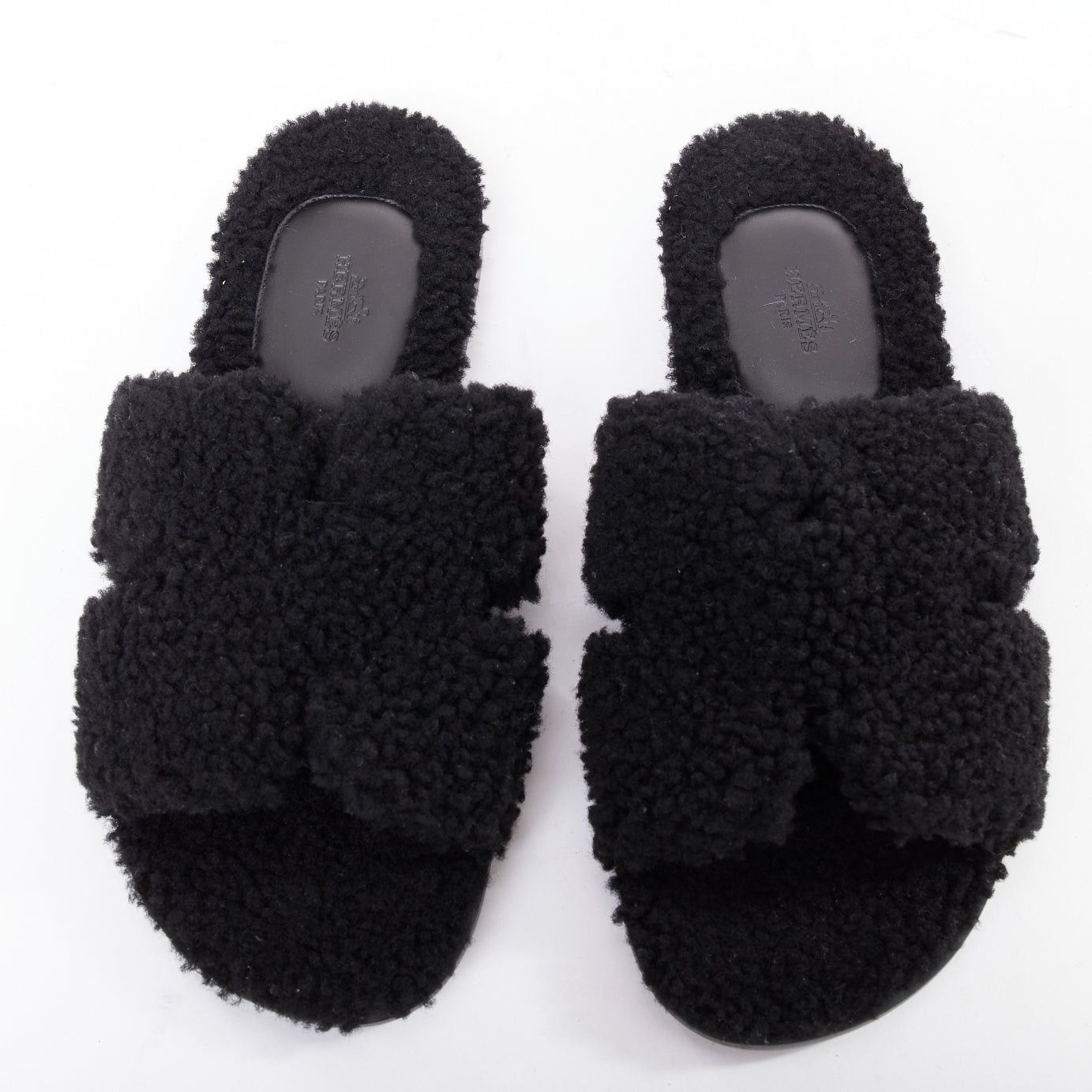 Hermes HERMES Oran black shearling H cut out flat block sandals EU41.5 Size US 11.5 / IT 41.5 - 1 Thumbnail