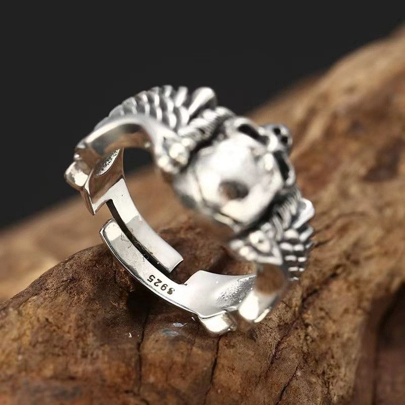 Vintage Resizable Retro Punk Devil Angel Wings Skull Ring Size ONE SIZE - 3 Thumbnail