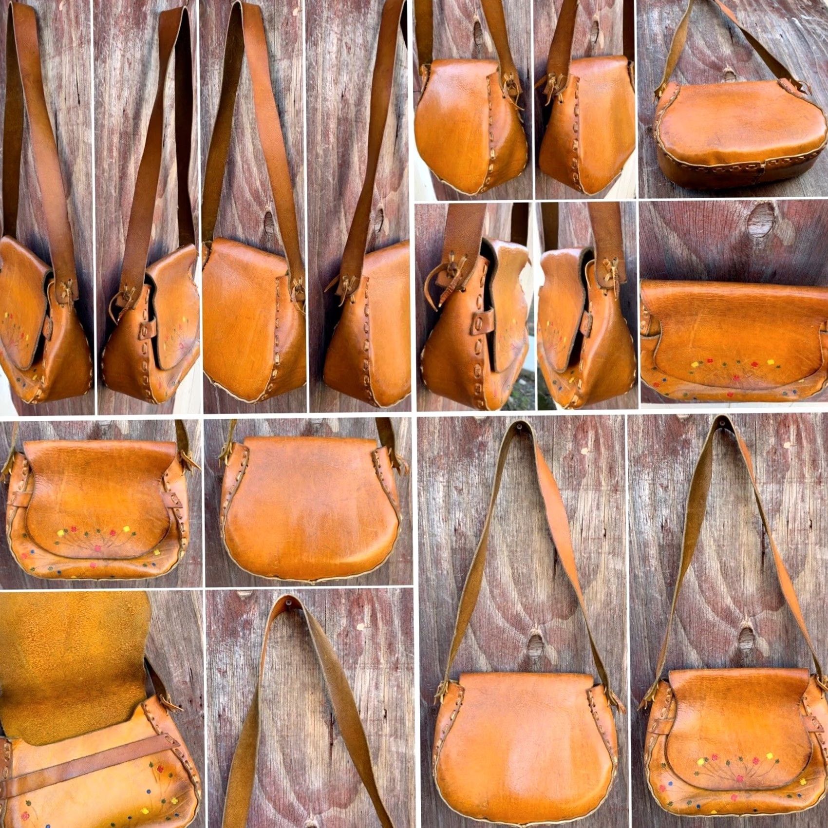 Vintage VINTAGE Leather Purse Tooled Floral Painted Shoulder Bag Hippie Chic Boho Hippy Women Brown 1970s Size ONE SIZE - 4 Thumbnail