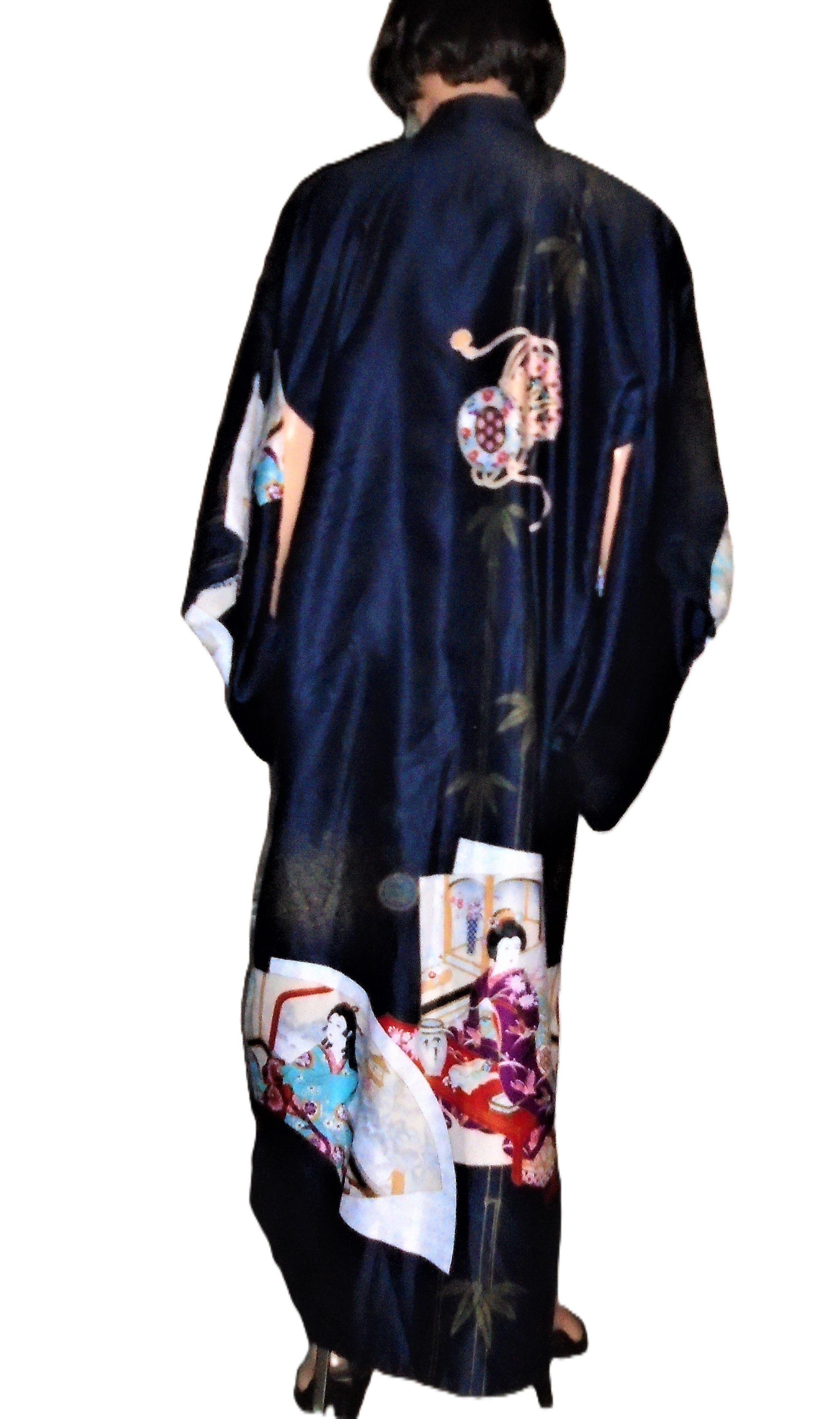 Vintage Vintage Navy Blue Asian Kimono Robe One Size Size ONE SIZE - 4 Thumbnail