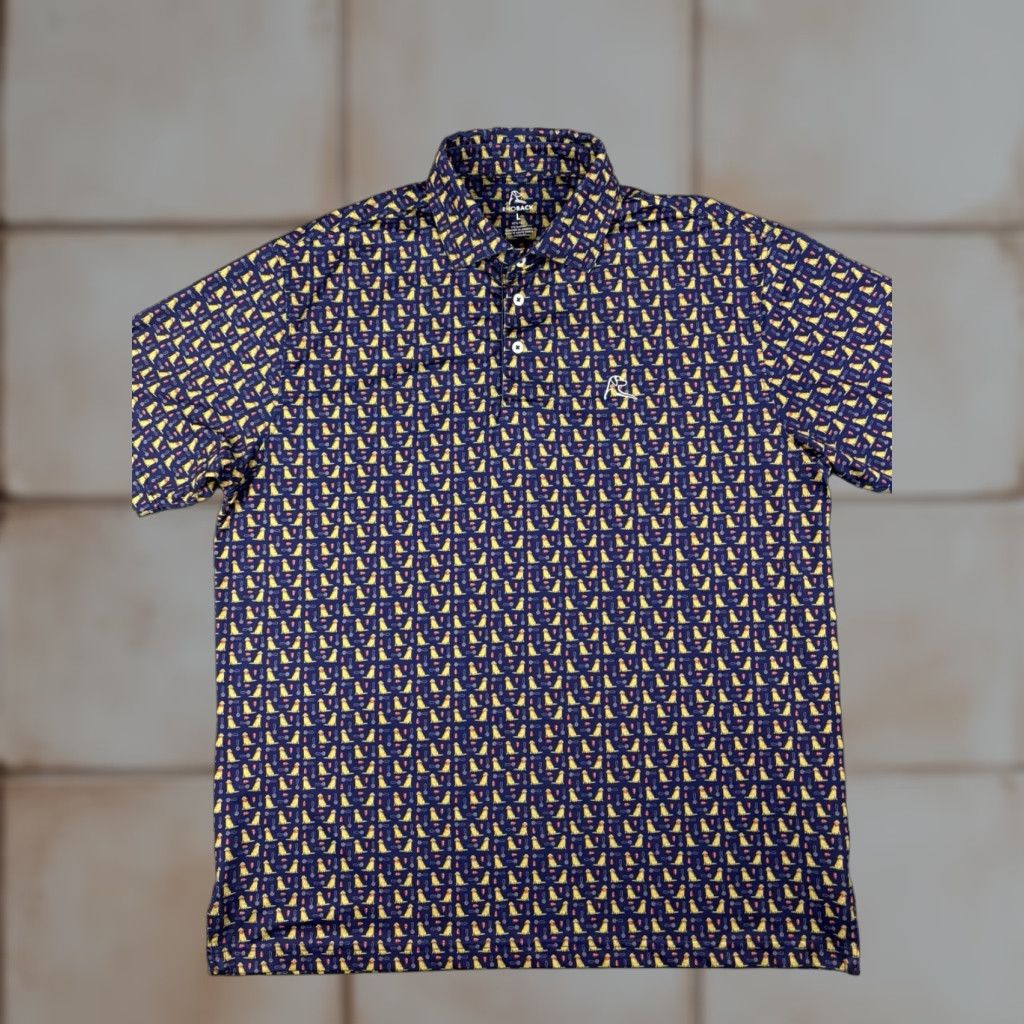 Rhoback Polo Shirt L Blue The Golden Retriever Dog Print Golf Performance