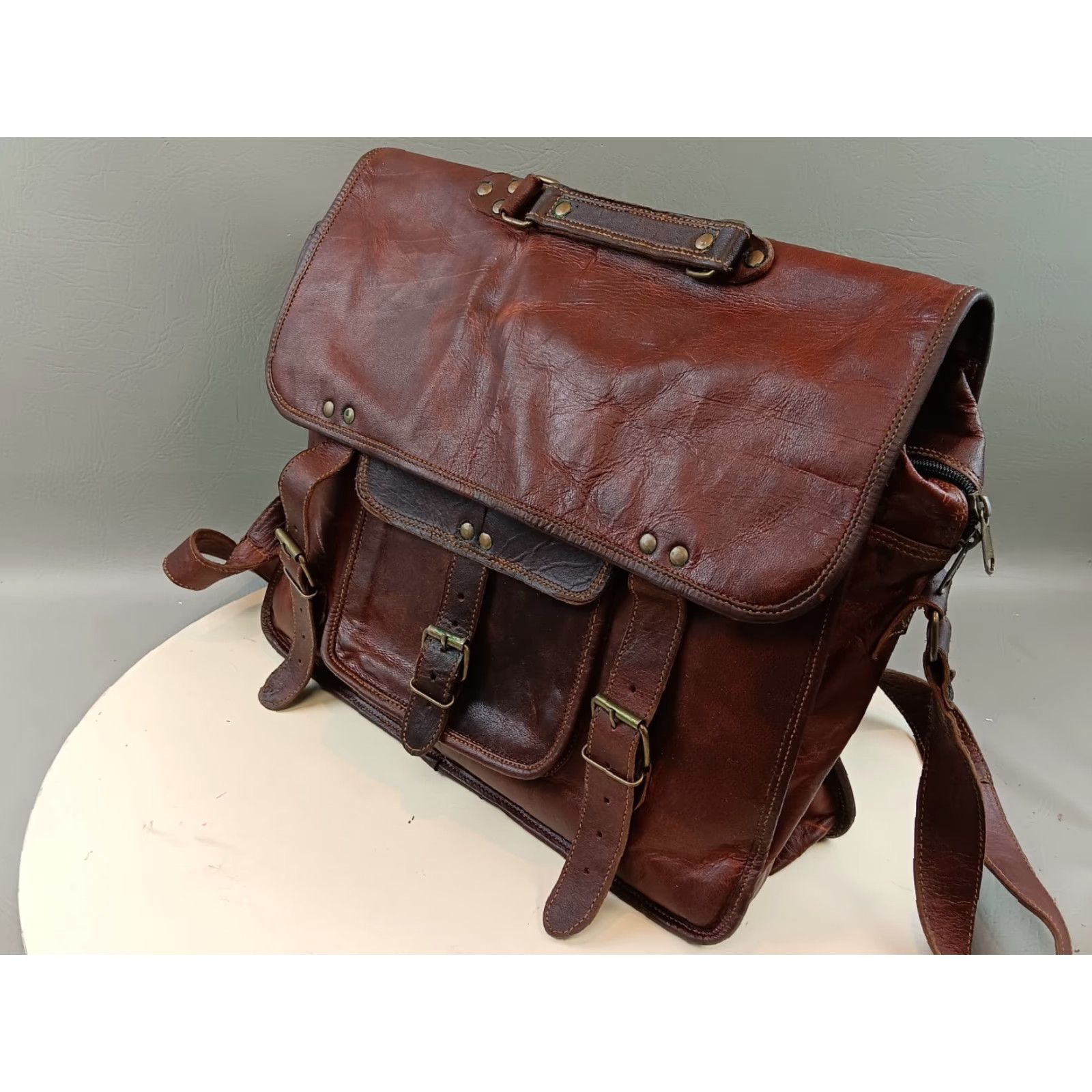 Vintage VINTAGE Handmade Leather Shoulder Bag Mens Medium Brown 90s Satchel Bag with Adjustable Strap Buckle Zip Size ONE SIZE - 3 Thumbnail