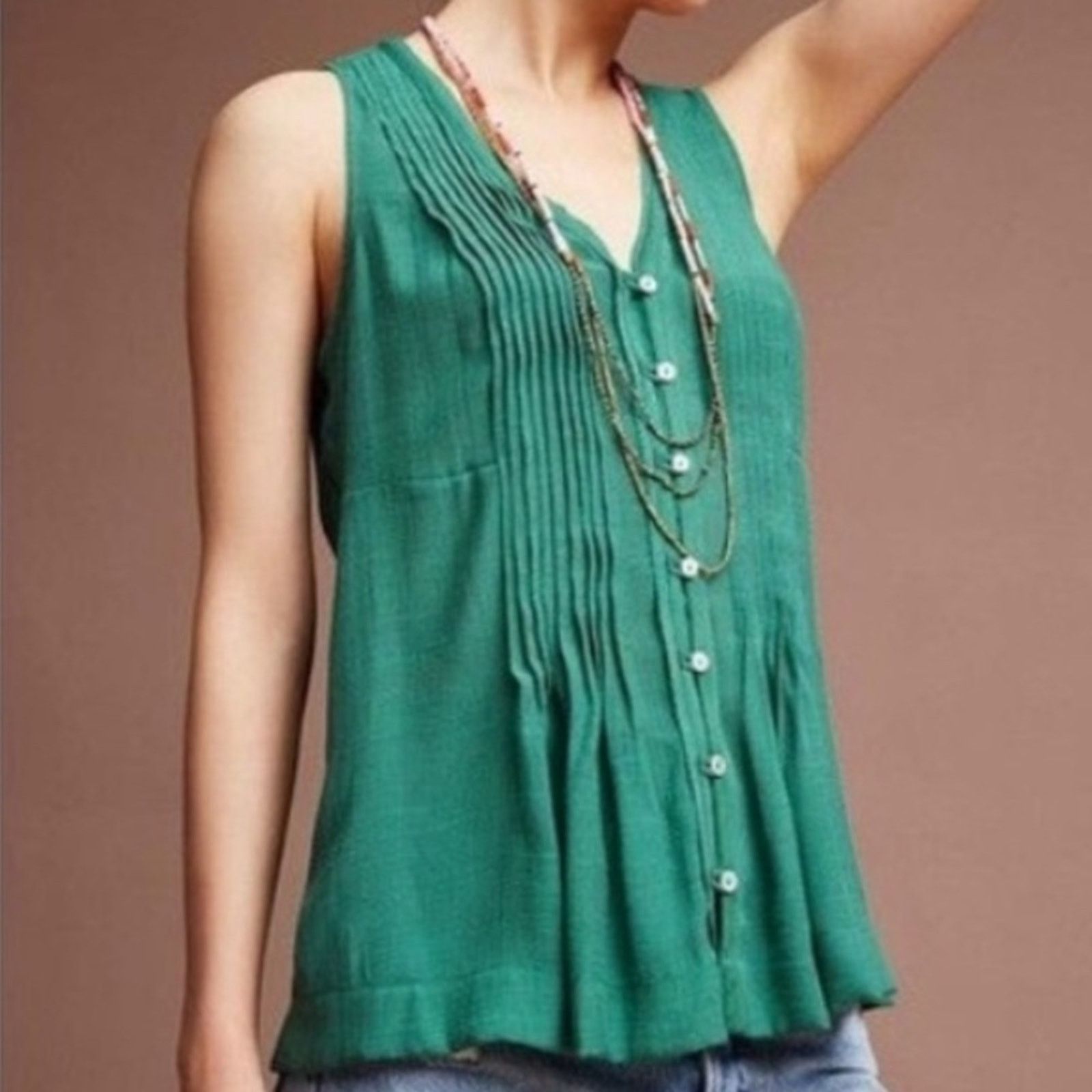 Anthropologie Anthropologie Maeve Saona Green Pintuck TankBlouse Size S Size S / US 4 / IT 40 - 1 Thumbnail