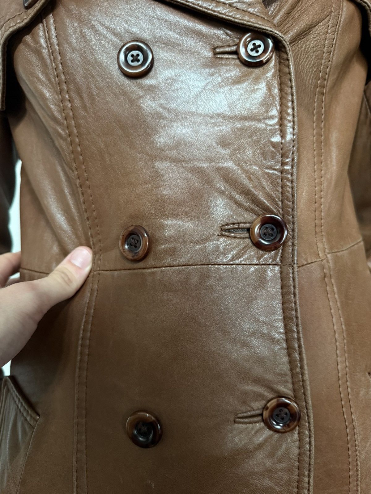 Other 80s Brown Leather Trench Coat Full Belt Wrist Buckles Size S / US 4 / IT 40 - 7 Thumbnail