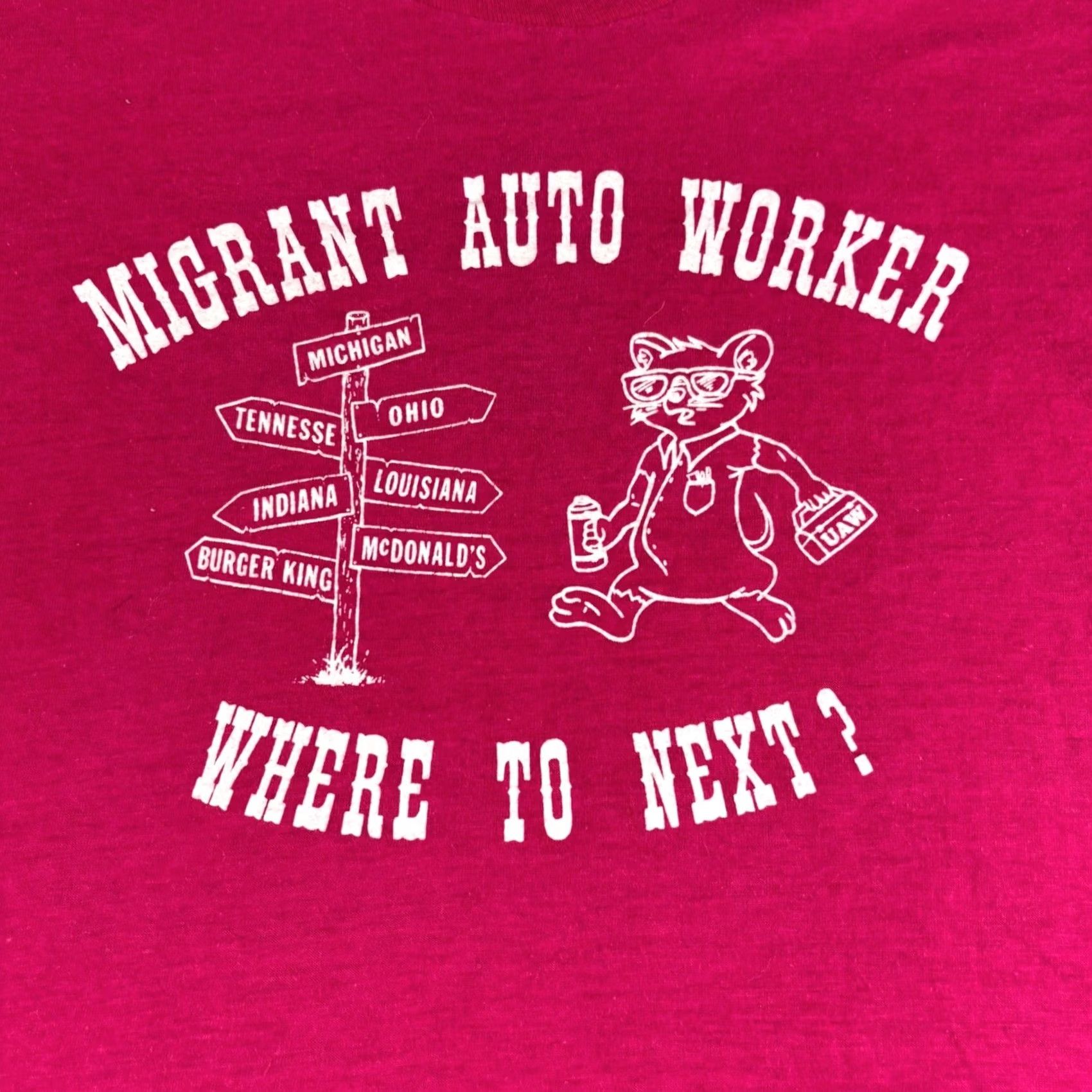 Vintage VINTAGE Migrant Auto Worker Graphic T Shirt Mens M Pink UAW Burger King Travel Size US M / EU 48-50 / 2 - 6 Thumbnail