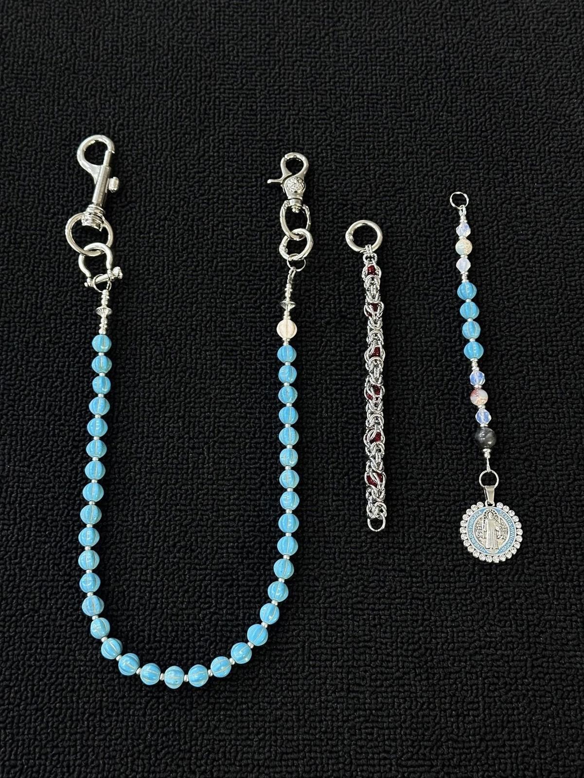 Jewelry Blue Beaded Chain Wallet Key Holder, Silver Clasp Size ONE SIZE - 3 Thumbnail