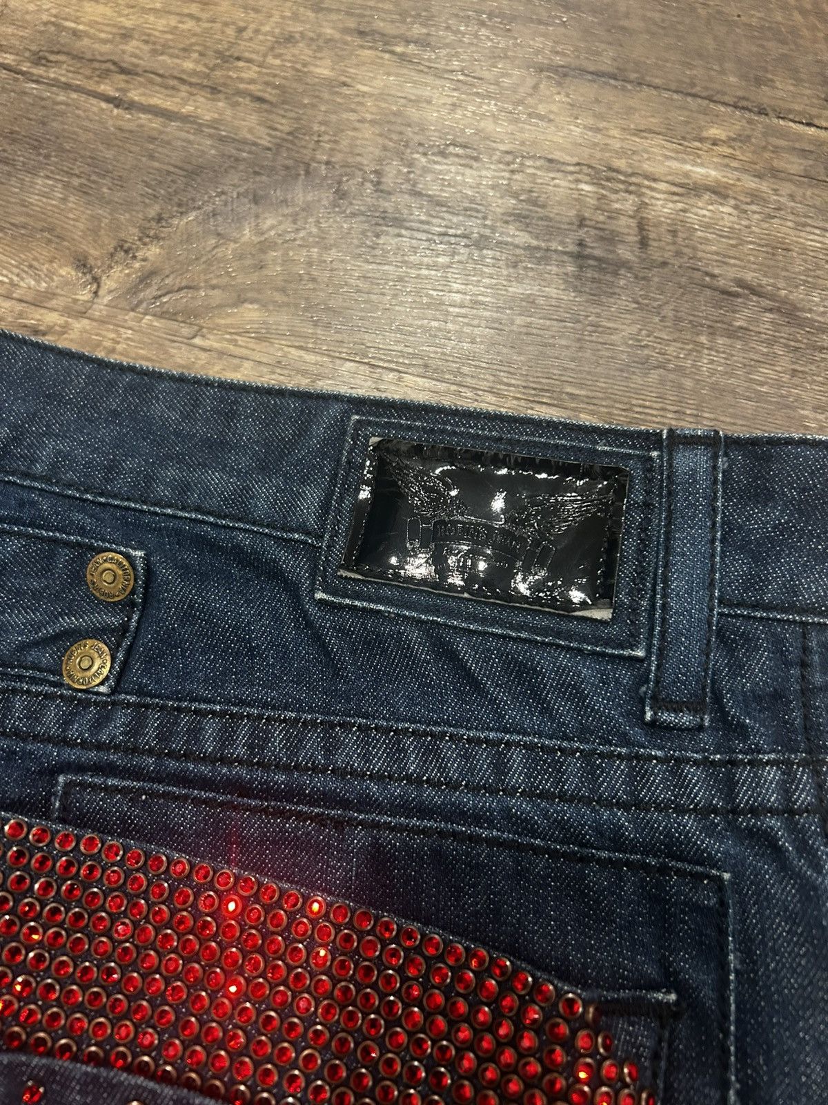 Robins Jeans 💥 Straight Blue Jeans with Custom Red Crystals 💥 Size US 38 / EU 54 - 3 Thumbnail