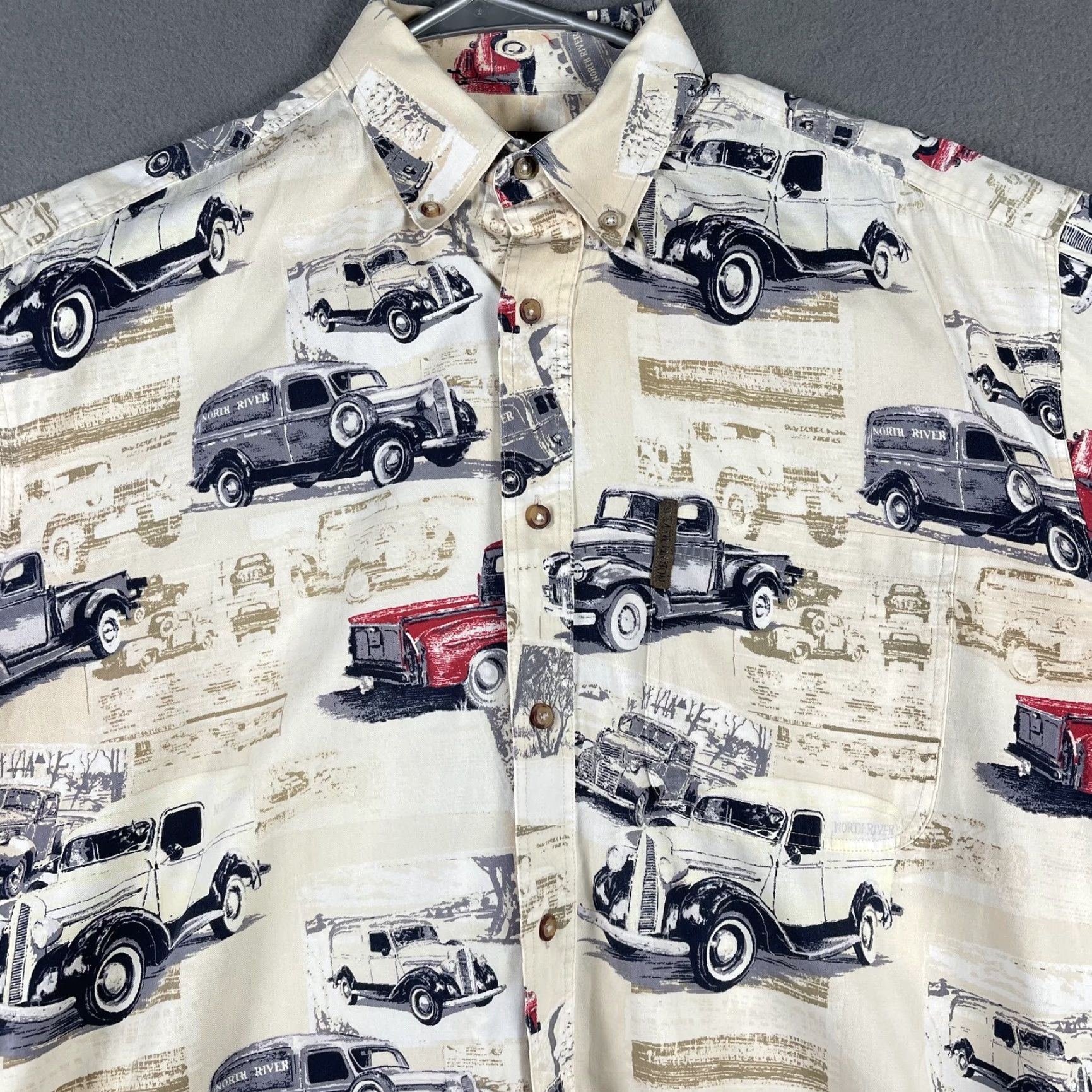 Vintage North River Shirt Mens Medium Beige Classic Car Print Button Up Retro Graphic Size US M / EU 48-50 / 2 - 2 Thumbnail