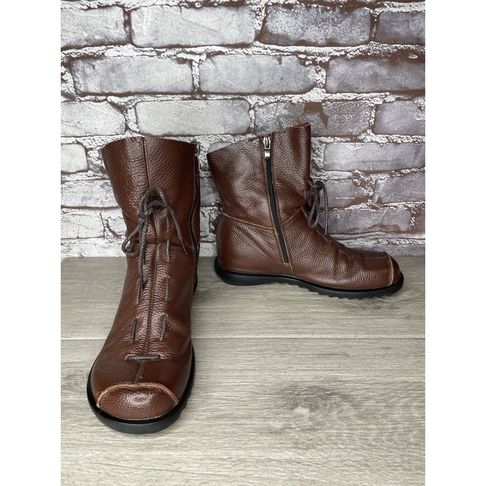 RUIbuilt Hin Rui VTG Brown Leather Ankle Boots Rope Laces Side Zip Wo Size US 8.5 / IT 38.5 - 1 Thumbnail