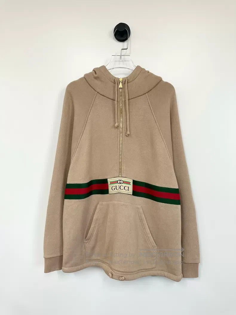 Gucci Gucci Khaki half-zipper embroidered logo hooded sweatshirt Size US XXS / EU 40 - 1 Thumbnail