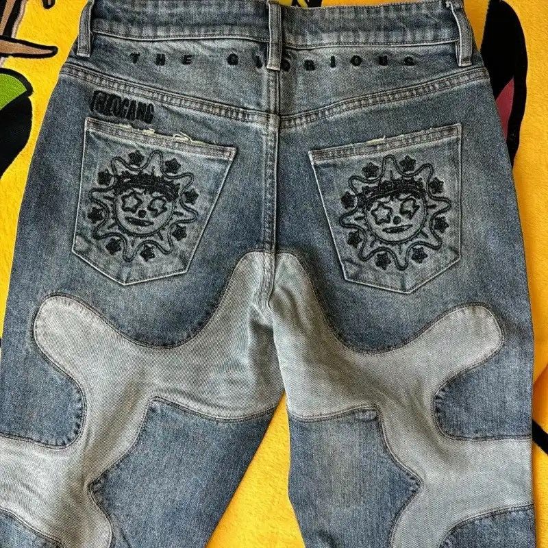 American High Street Patchwork Pattern Embroidered Jeans