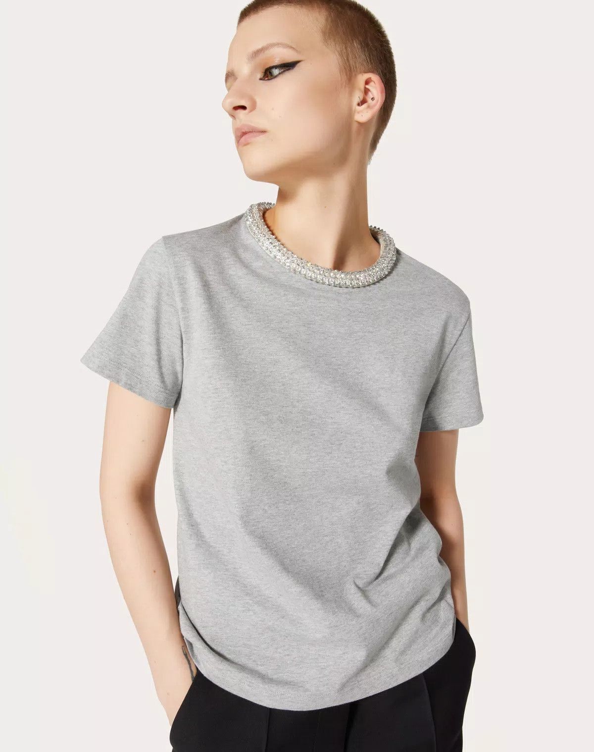 Valentino o1s1wg110625 Embroidered Jersey T-Shirt in Grey Size M / US 6-8 / IT 42-44 - 5 Thumbnail