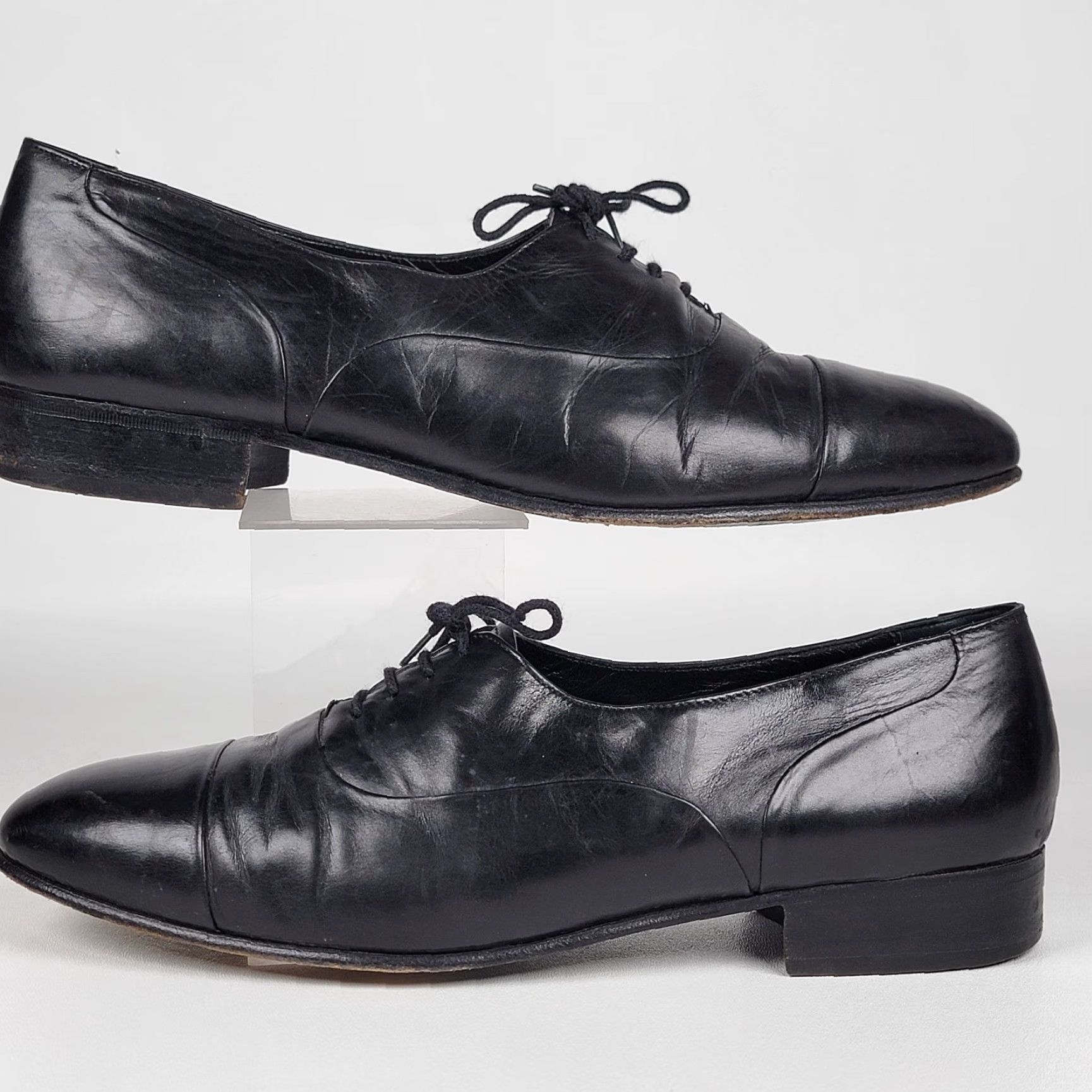 Vintage VINTAGE French Shriner Mens Dress Oxford Shoes Black Leather Cap Toe M Sterling 10.5 Leather Lining Lace Up Almond Toe Shoes Mens Size ONE SIZE - 5 Thumbnail