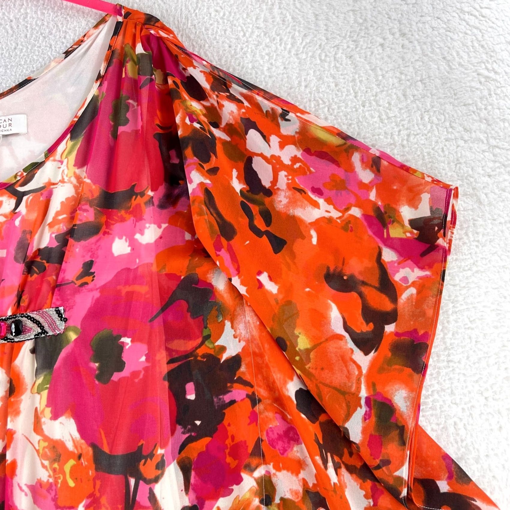 Badgley Mischka American Glamour Badgley Mischka Tunic Shirt Womens Large Orange Floral V-Neck Size L / US 10 / IT 46 - 4 Thumbnail