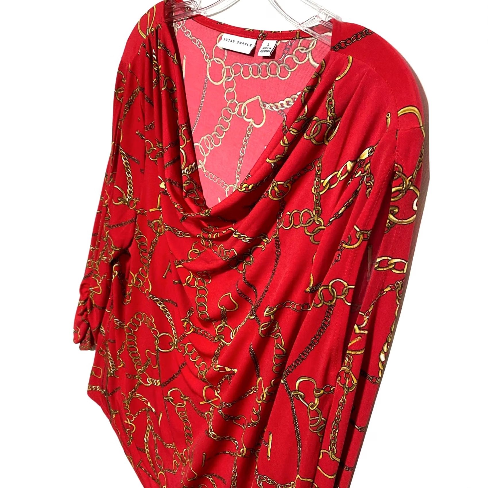 Vintage Susan Graver Red Blouse Top L Blouse Women Pullover Cowl Neck Liquid Knit Hearts Geometric Dressy Workwear Party/Cocktail Travel Mature Mens? Girls? Size L / US 10 / IT 46 - 2 Thumbnail