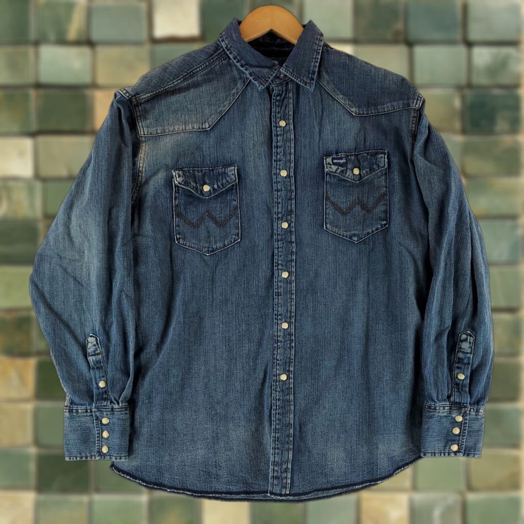 Wrangler Wrangler Shirt Denim Pearl Snap Long Sleeve Blue Western Mens XL Size US XL / EU 56 / 4 - 1 Thumbnail