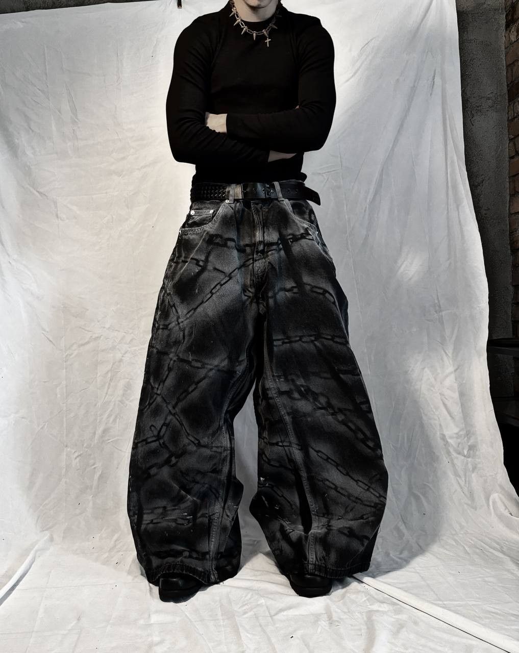 Japanese Brand Black Wide jeans with Chains Handmade Baggy Y2K Streetwear Size US 36 / EU 52 - 4 Thumbnail