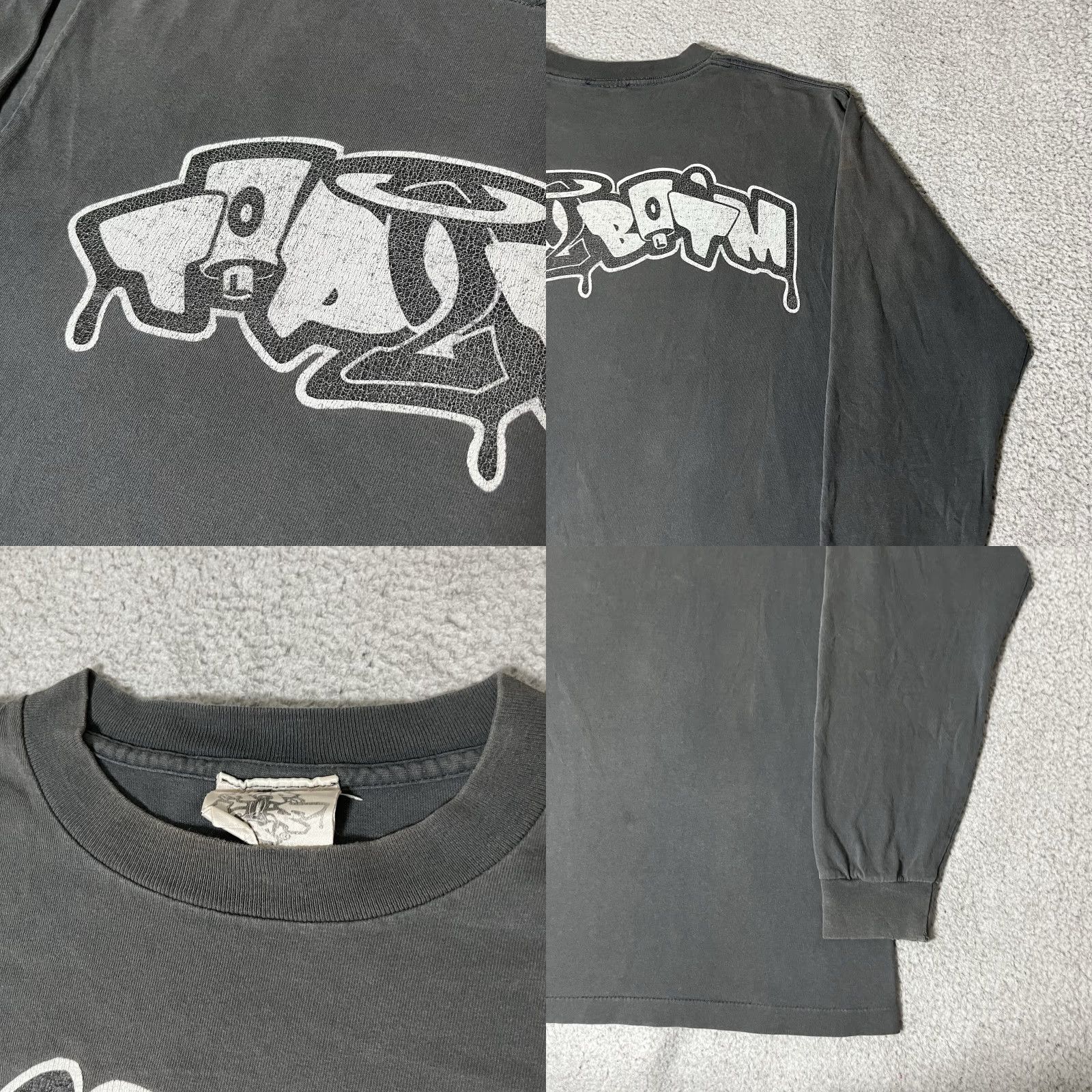 Vintage Top2Botm Shirt Men XL Graffiti PEACE SEVERE ZODIAK 90s Hip Hop USA VTG Gray Cotton Knit Crew Neck Graphic Print Long Sleeve Size US XL / EU 56 / 4 - 10 Thumbnail