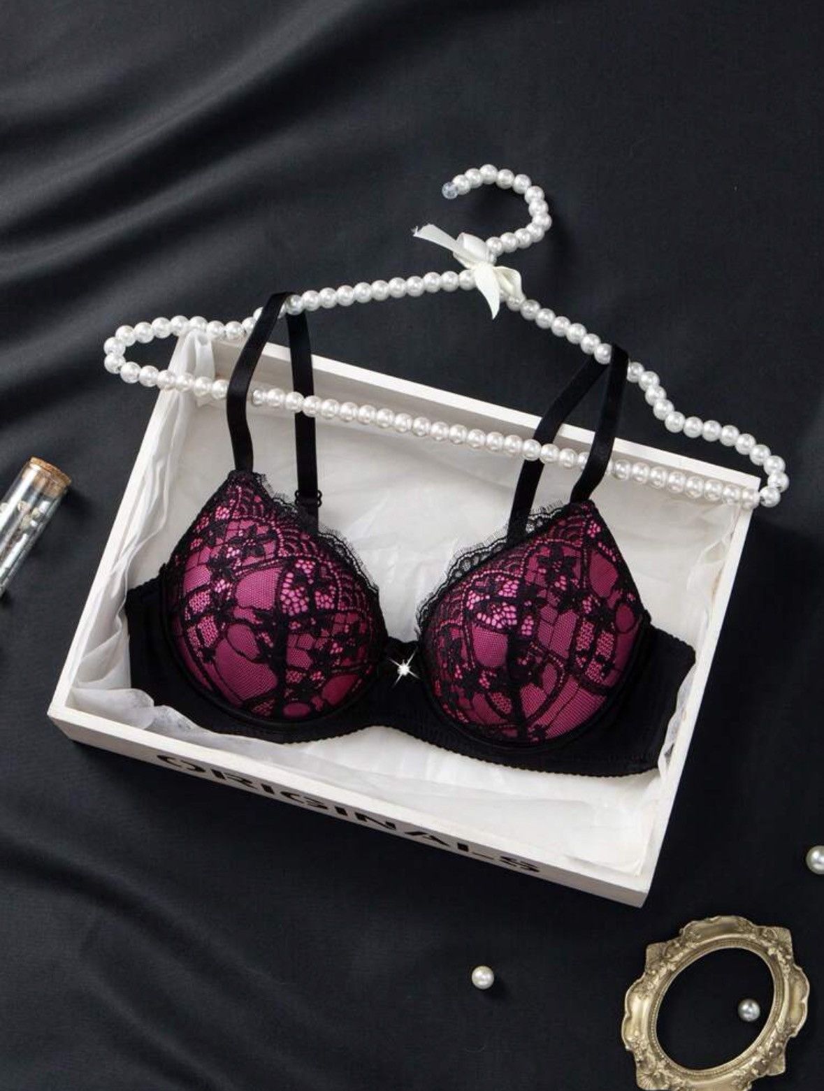 Other Elegant Fuchsia & Black Floral Lace Underwire Bra Size ONE SIZE - 1 Thumbnail