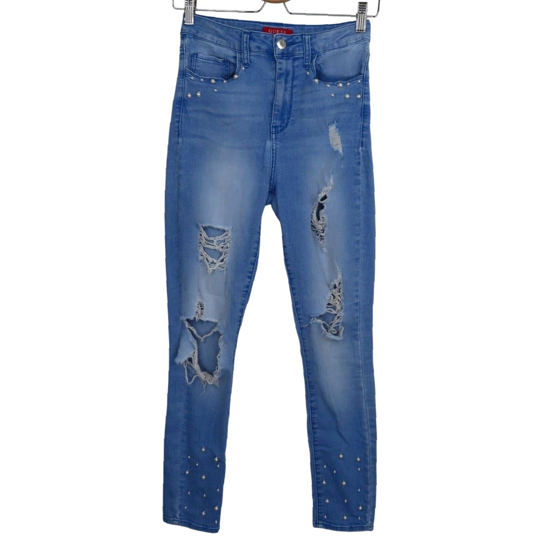 Guess GUESS Womens Jeans Denim Skinny 27 Blue Distressed Shredded Pearl Beaded Pants Regular Womens Size 27 Blue Distressed Beaded Jeans Size 27" / US 4 / IT 40 - 2 Thumbnail