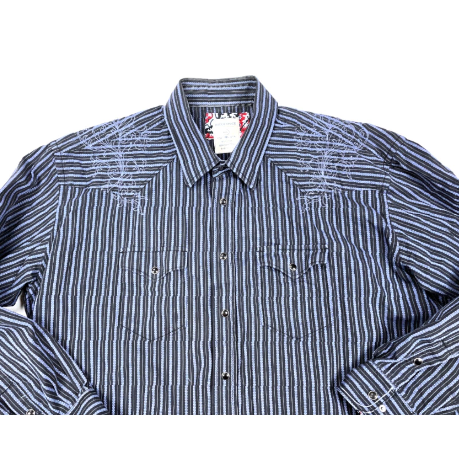 Vintage Rough Stock Western Shirt Adult 2XL Blue Striped Geometric Cotton Embroidered Snap Button Pockets 90s Cowboy Grunge Rockabilly Mens Size US XXL / EU 58 / 5 - 5 Thumbnail