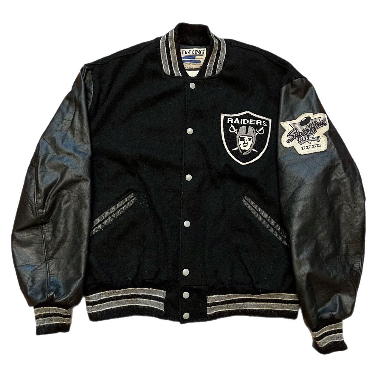 image of Vintage 90’S Nfl Raiders Delong Varsity Jacket in Black, Men's (Size 2XL)