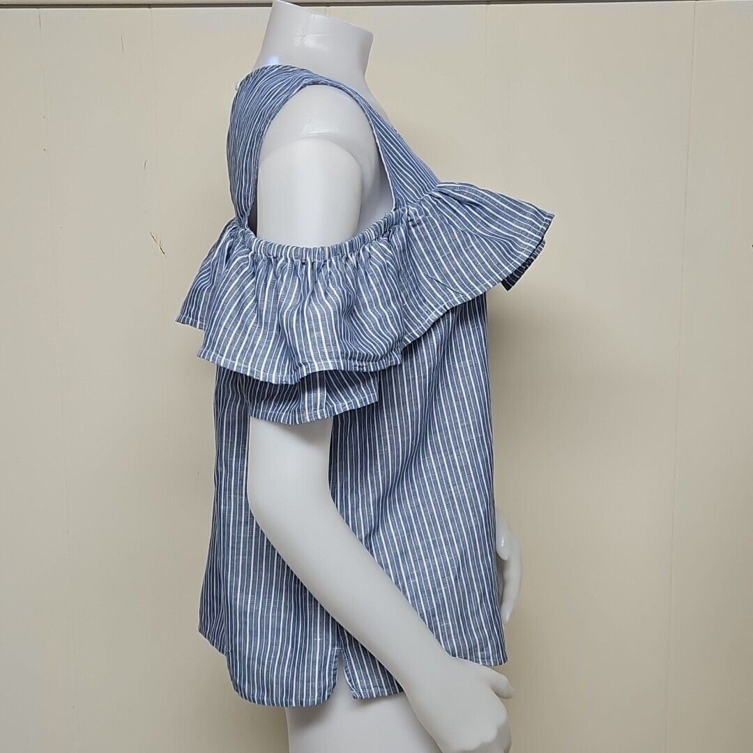 J.Crew J Crew Linen Blend Top Womens 12 Blue Striped Ruffle Collar Size XL / US 12-14 / IT 48-50 - 5 Thumbnail