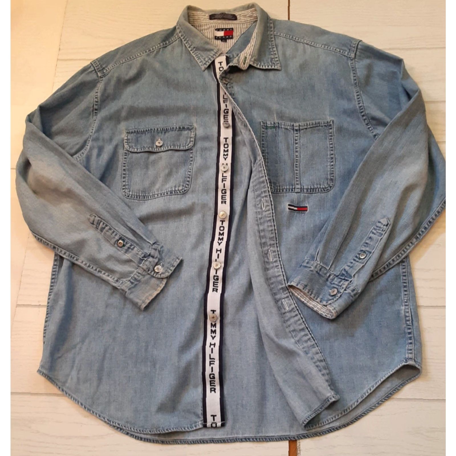 Tommy Hilfiger Tommy Hilfiger Full Metal Button X-Large Blue Jean Shirt with Tommy Strip - Button-Up, Long Sleeve, Cotton Canvas, Metal Buttons, Regular Fit, Men Size US XL / EU 56 / 4 - 5 Thumbnail