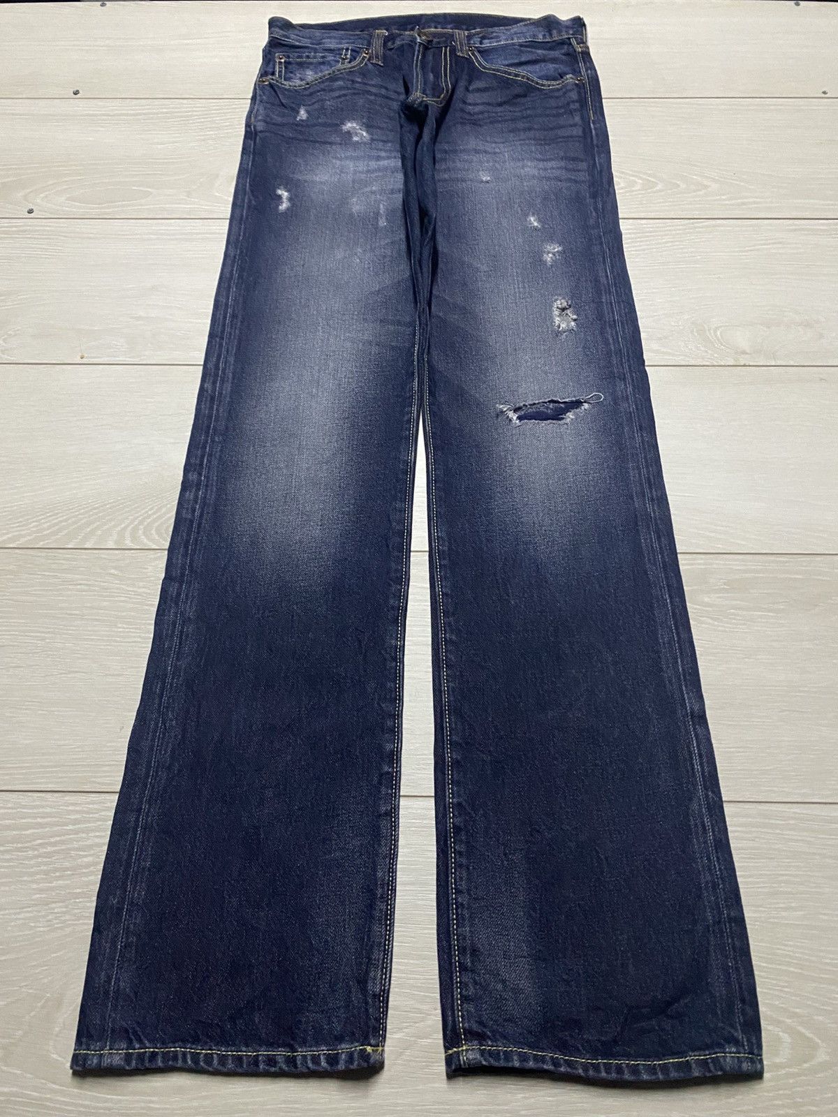 Japanese Brand Vintage Gu Denim Blue Wash Distressed Straight Fit Jeans Size US 29 - 1 Thumbnail