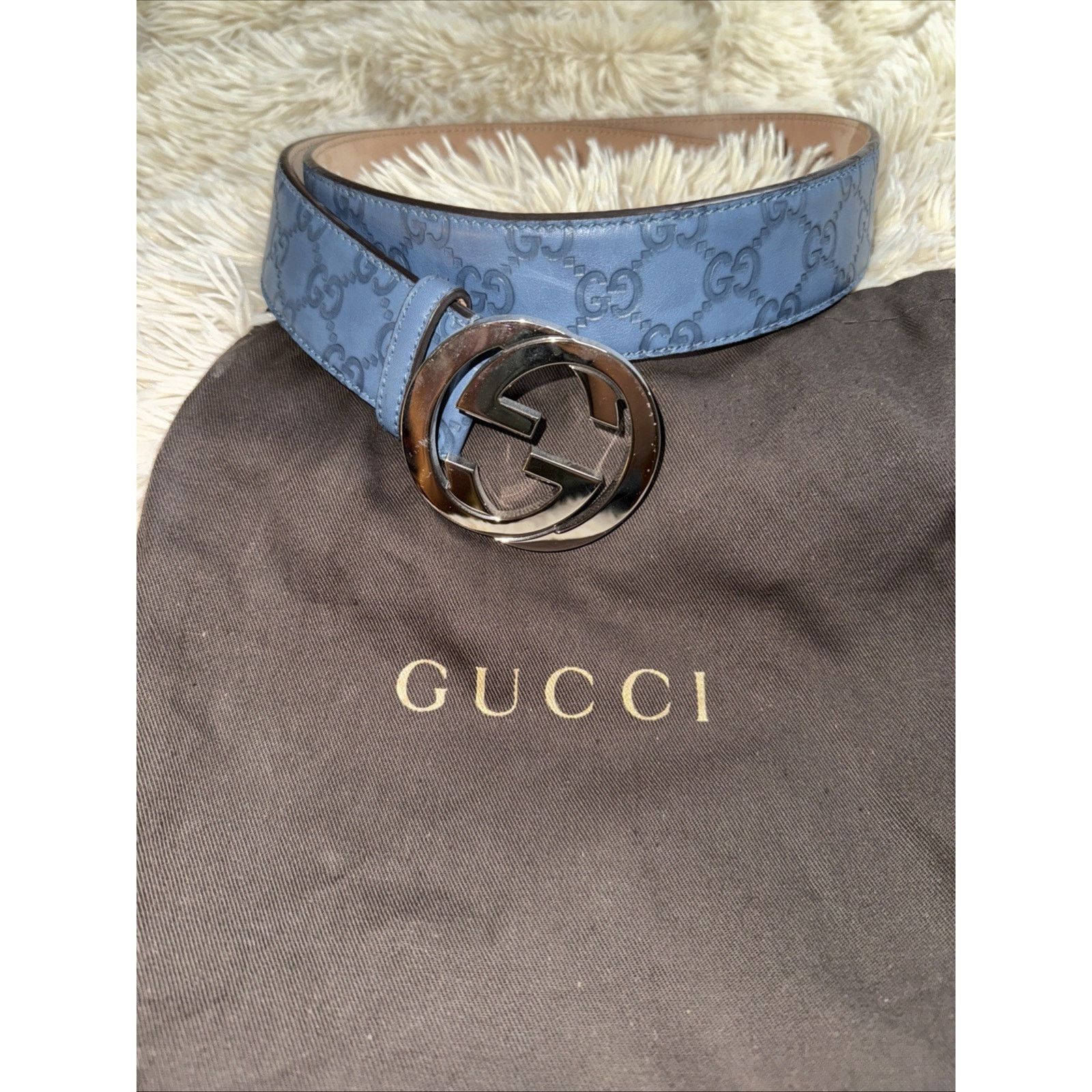 Gucci Men's Gucci Blue GG Supreme Marmont Embossed Leather Belt Size 36 - 1 Thumbnail