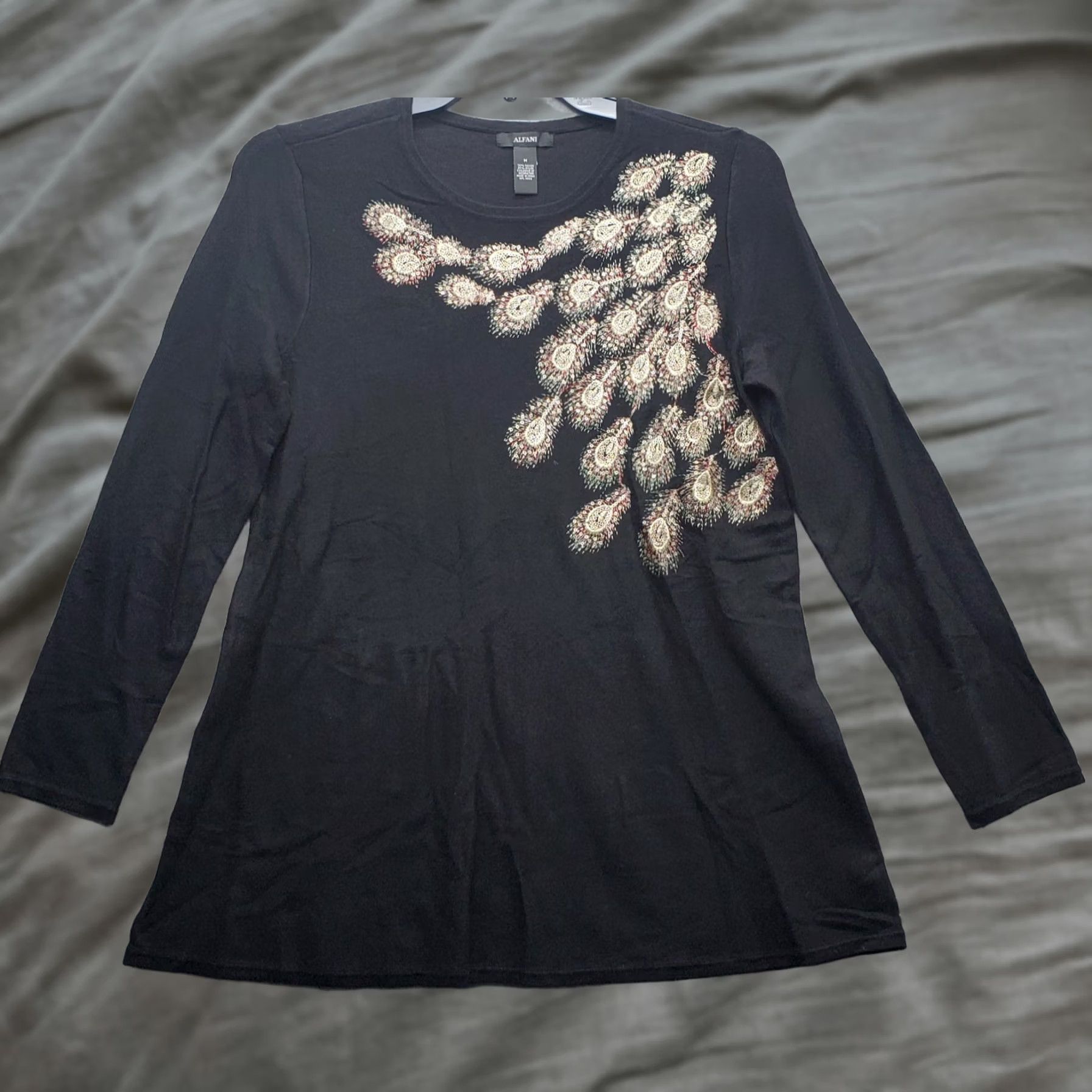 Alfani Alfani Womens Tunic Blouse M Black Embroidered Sequin Peacock Pullover Size M / US 6-8 / IT 42-44 - 1 Thumbnail